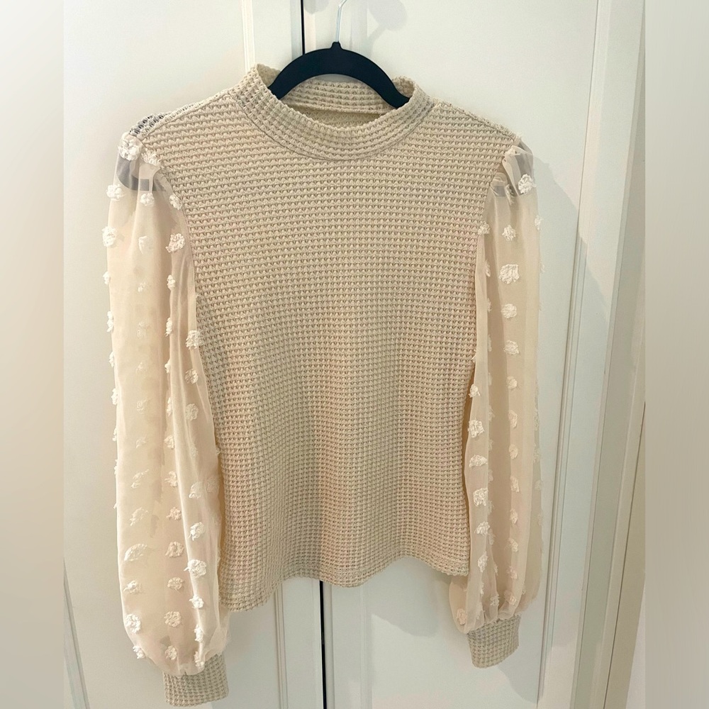 Beige Knit Sweater w/Sheer Sleeves - Size S